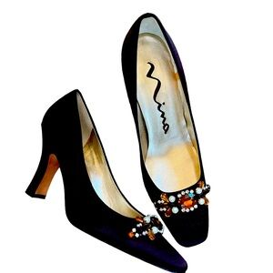 Nina Bejeweled Pumps Brown Satin 8M